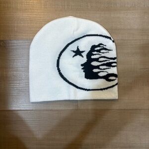 Kids White Knit Beanie with Black Moon & Flame Motif